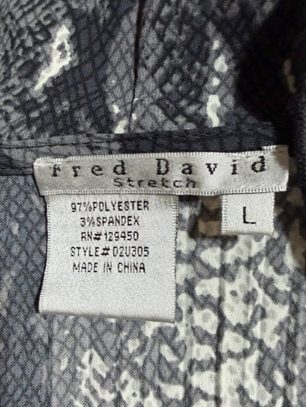 Fred David Stretch Snakeskin Print Ruffle Blouse Large Black Gray Ivory - Picture 10 of 10
